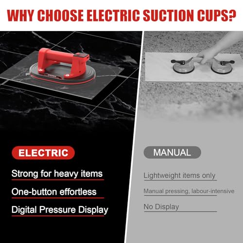 DEWINNER 10" Electric Glass Suction Cup Lifter, 600 LBS Max Load Vacuum Glass Lifter with 1200mAh Battery, Auto Start Pump, Industrial Strength Vacuum Suction Cup for Glass, Tile, Granite, Metal - color: Red3