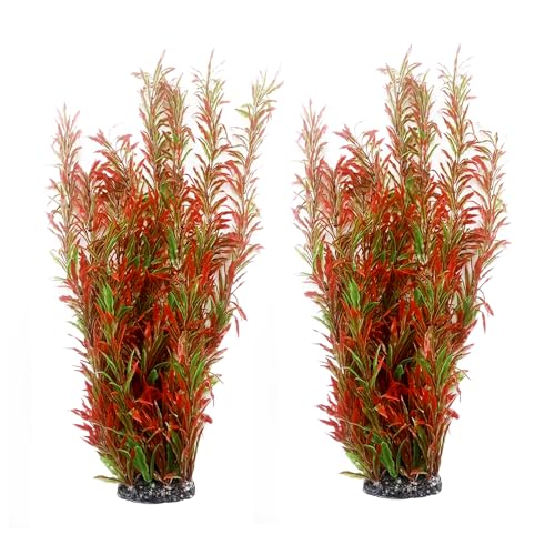 Artificial Aquarium Plant Decorations,23.62 Inches Large Plastic Fish Tank Plants Tall Realistic Aquarium Accessories for Freshwater and Saltwater(Wine and Green,2 Pcs)