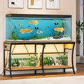 55-90 Gallon Fish Tank Stand with Power Outlets, 2-Tier Aquarium Stand with LED Light Strip & Open Storage Shelves, Heavy Duty Metal Table for Reptile Tank, 1100 LBS Capacity, Light Brown and Black - color: Light Brown and Black