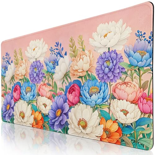 Desk Pad Peony Flowers, Desk Matt for Desktop Women Girls Floral Gaming Mouse pad Extend XXL Large Anti-Slip with Stitched Edges Waterproof Computer Laptop Keyboard Mat for Gaming, Home, Work, Office - color: Peony Flowers, size: 31.5" x 15.7"