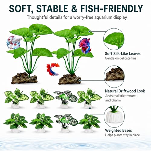 10 Pack Silk Aquarium Plants Fish Tank Decorations - Soft Fin-Safe Fish Tank Plants Large Aquarium Decor for 5-40 Gallon Betta, Goldfish & Reptiles Tanks Accessories - color: C（green 10 Pack）