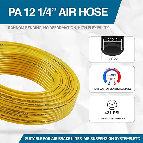 Utah Pneumatic 1/4" DOT Air Line SAE J844 PA12 Nylon Tubing for Air Suspension, Industrial Automation, Workshop Air Systems, Misting & Fluid Transfer, Yellow - 10 Meters (32.8ft) - color: Yellow, size: 1/4" x 32.8 Feet