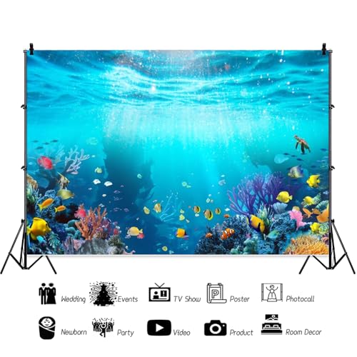Under The Sea Backdrop Nautical Underwater World Coral Turtle Fish Decorations Background Ocean Seabed Sunlight Diving Backdrop Aquarium Cake Table Banner Studio Props Vinyl 5x3ft - color: Marine Blue, size: 5x3ft (150x90cm)