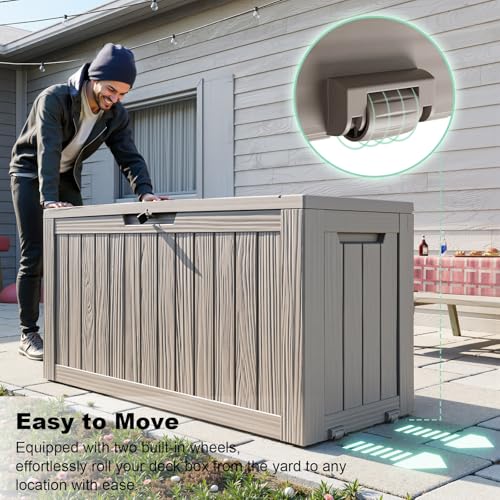 ROJIK Outdoor Storage Housing Deck Box - Waterproof Patio Furniture, Garden Tools, Cushions, Pool Accessories Storage Bench with Lockable Lid and Side Handles (Grey 78 Gal) - color: Grey, size: 78 Gallon