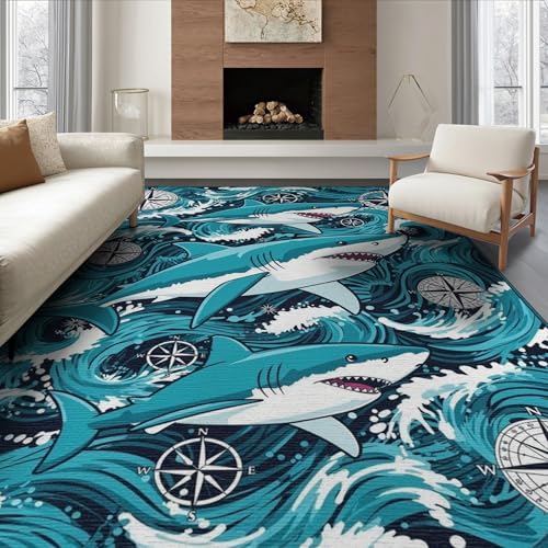 8'x10' Washable Graphic Compass Area Rug, White Foldable Oversized Carpet for Living Room, Under Sectional, Family Room, Non-Slip Flatwoven Floor Covering | Ref:2068650 - color: Blue/Pattern 14, size: 8' x 10' (Rectangular)