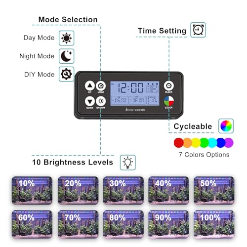 Auto On Off LED Aquarium Light, Full Spectrum Fish Tank Light with LCD Monitor, 24/7 Lighting Cycle, Adjustable Timer, 7 Colors, 10 Level Dimmable, IP68 Waterproof, 3 Modes for 12 to 18 Inch Fish Tank - size: 12"-18"