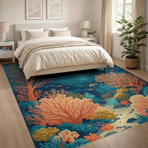 8'x10' Washable Graphic Fish Area Rug, Orange Foldable Oversized Carpet for Living Room, Under Sectional, Family Room, Non-Slip Flatwoven Floor Covering | Ref:1993995 - color: Blue/Pattern 42, size: 8' x 10' (Rectangular)