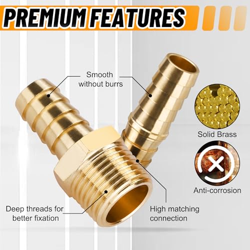 48PCS Brass Hose Barb Fittings,Barb Splicer Mender 3/16" 1/4" 5/16" 3/8" 1/2" 5/8" and Male Thread Adapter 3/8" Barbed to 1/4" NPT, 1/4" Barbed to 1/4" NPT Male with 96Pcs Pipe Hose Clamps - size: 48pcs barb splicer & barb adapter