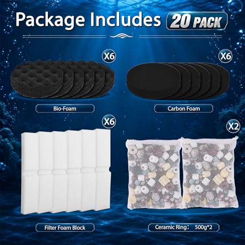 20 PCS Replacement Filter Media Kit for Fluval FX4/FX5/FX6 Aquarium Filters, Including Carbon Filter Pads, Bio-Foam Block, Bio Ceramic Rings, Bio-Foam Pads