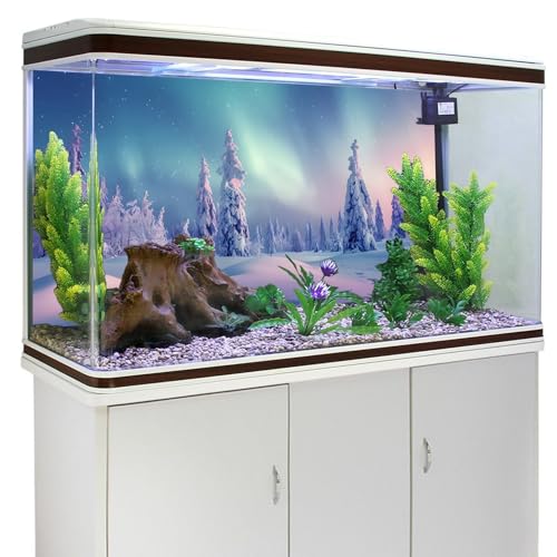 YongFoto Winter Snow Scene Fish Tank Background 24x12 inch Snowfield Pine Forest Rime Starry Sky Aurora Polyester Backdrop Reptile Habitat Terrarium Bearded Dragon Aquarium Background - color: Purple 4, size: 24x12in/60x30cm
