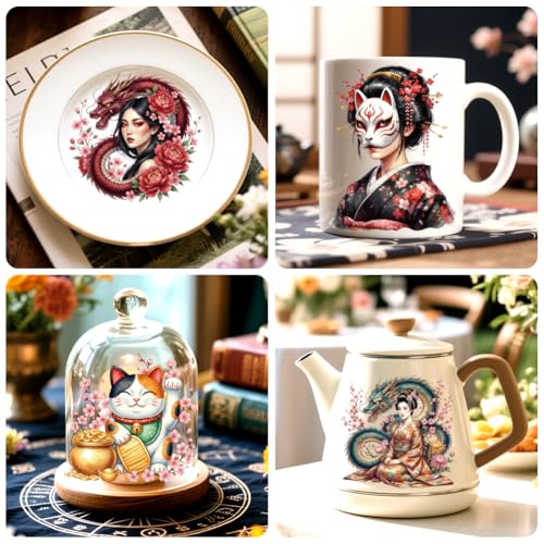 Peacoblue 18 Sheets Rub on Transfers for Crafts, Japanese Elements 3.6"x3.9" UV DTF Cup Wraps Waterproof Cold Transfers Stickers for Wood Glass Metal Cup Tumblers Mirrors Mugs Home Decor - style: Japanese Elements