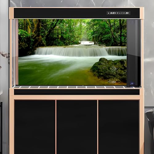 Waterfall Aquarium Background Deep Rainforest Natural Landscape Terrarium Background Falls Green Jungle Plants Fish Tank Background Waterfall Forest Reptile Background Wallpaper Vinyl 24x12in - color: Green, size: 24(W)x12(H)in