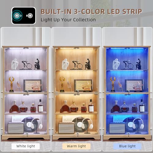 LELELINKY Farmhouse Glass Display Cabinet Set of 2 with Doors, Wooden Curio Cabinet for Collectibles with 3-Color LED Motion-Sensor Light & Reinforced Base, Natural - color: Natural, size: Set of 2