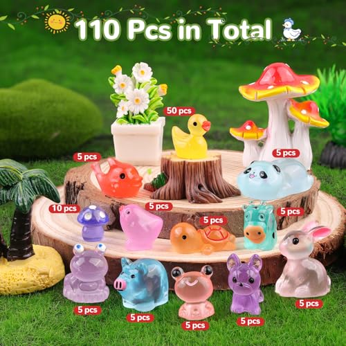 110PCS Mini Resin Animals Miniature Figures to Hide,Tiny Cute Figurines Glow in Dark, Little Animal Small Accessories for Topper Desk Garden Dollhouse Landscape Aquarium Ornaments Crafts & Decor - color: Luminous Animals B-110pcs