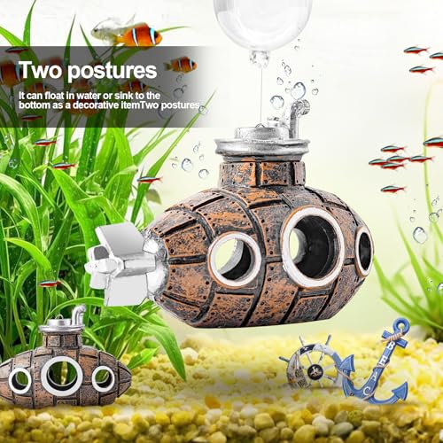 New Upgrade Floating Fish Tank Decoration, Cute Retro Submarine Set and Floating Diver,Three Float Balls, Aquarium Decorations Resinous Betta Fish Tank Accessories - color: Brown