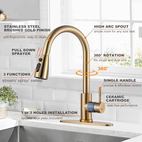 WOWOW Brushed Gold Kitchen Faucet With Sprayer, Stainless Steel High Arc Single Handle Sink Faucet for 1 or 3 Hole, Luxurious Gold Utility RV Kitchen Tap - color: Gold, style: Kitchen Faucet