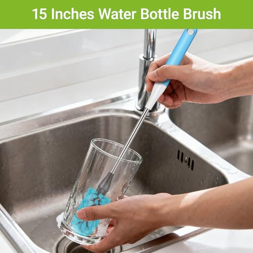 3-in-1 Bottle Brush, 15 Inches Long Handle Kitchen Water Bottle Brush, Stainless Steel Bottle Cleaner Brush with Straw Brush & Lid Brushe for Cleaning Wine Glasses,Coffee Mugs,Tumblers,Wine Decanters - color: Blue-3