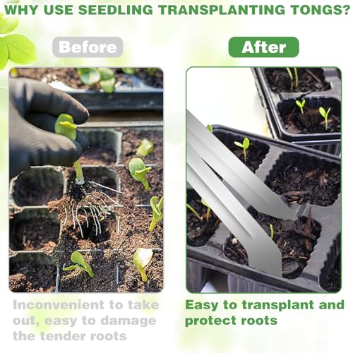2Pcs Seedling Transplant Tongs, Gardening Plants Transplant Tongs Stainless Steel Seedling Remove Transplanting Pliers, Gardening Supplies Plant Seed Starting Tools, Reduce Root Damage (8.7 Inch)