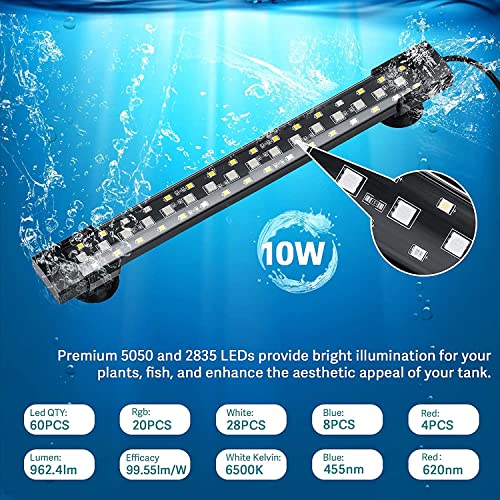hygger 24/7 Mode Submersible Aquarium LED Light, Full Spectrum Hidden Fish Tank Light with 3 Rows Beads 7 Colors Auto On Off Sunrise-Daylight-Moonlight, Adjustable Timer Brightness - size: 15.9in 10W