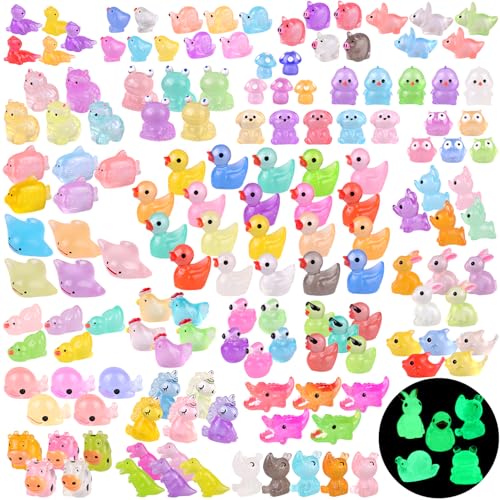 150PCS Mini Resin Animals Tiny Cute Figurines Glow in Dark, Miniature Figures to Hide, Little Animal Small Accessories for Topper Desk Garden Dollhouse Landscape Aquarium Ornaments Crafts & Decor - color: Luminous Animals F-150pcs