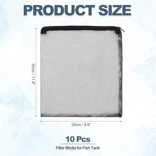 Aquarium Filter Media Bags, Fish Tank Fine Mesh Bag with Zipper Reusable Versatile 12 x 10 Inch, (Black, 10Pcs), Intended for Fish Tank/Aquarium/Pond/Activated Carbon/Ceramic Rings