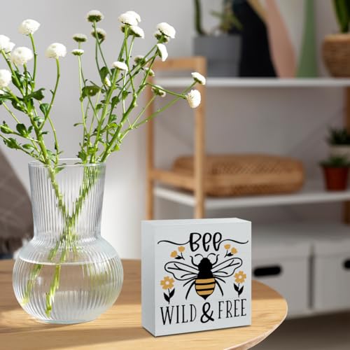 Summer Bee Sign Decor Bee Decorations for Home Be Wild And Free Wooden Box Sign Desk Accessories Home Office Bedroom Bathroom Decor 5 X 5 Inch - color: Bee