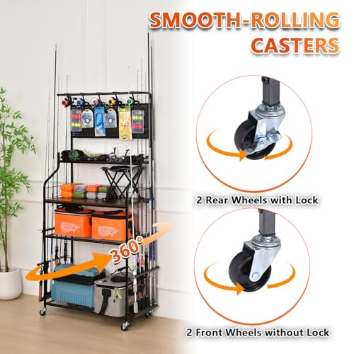 Heavy Duty Fishing Rod Rack, Fishing Organizer for Garage, Fishing Gear Holder for Garage with Movable Wheels - size: 15 Rods & Upgraded Pegboard