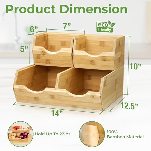HOMESTEAD Bamboo Pantry Storage Bins – Stackable Potato & Onion Storage Bin for Kitchen Countertop, Pantry Organizer, Fruit Vegetable Basket, Multiuse - Set of 3 Slide-Out Access