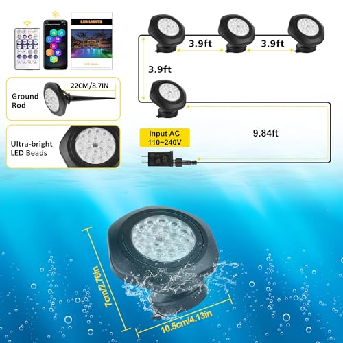 T-SUN Colored Pond Lights with APP and Remote Control – Bright LED Underwater Submersible Fountain Lights, IP68 Waterproof Landscape Spotlight for Garden Koi Pond Aquarium Fish Tank (Set of 4) - size: Set of 4
