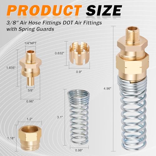 4 Pack Brass DOT 3/8 Hose x 1/4” Male Connector Fitting with 8 Pack Sleeve Tube, Air Brake Hose End Fitting for Air Brake Systems - size: 3/8" Hose x 1/4" Male, style: 4pcs Connector with Spring Guard