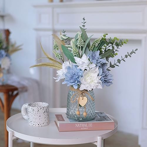 Faux Flowers with Vase,Artificial Silk Flowers in Vase, Fake Plant Eucalyptus and Willow,Flower Arrangement for Home Farmhouse Dining Table Centerpiece Decorations Coffee Table Decor (Dusty Blue)