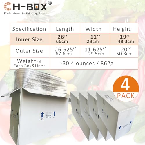 Insulated Cold Shipping Boxes with Liners, 4 Pack 26'' x 11'' x 19'', for Perishable Frozen Food, White (TB261119L-4) - size: 26x11x19'', style: 4 Pack