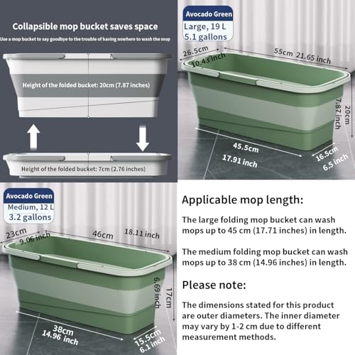 Collapsible Mop Bucket - 19L 5.1 Gallon Rectangular Foldable Water Basin with Dual Handles and Reinforced Base - for Versatile House Cleaning Camping RV Car Washing and Pet Bathing Use - color: Avocado Green, size: 19 L