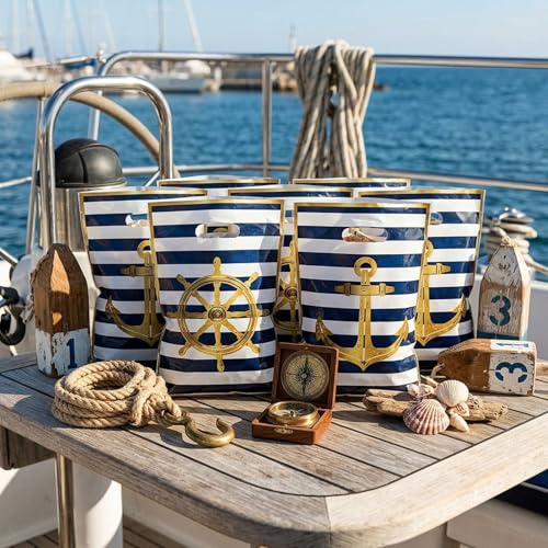Papiailove 50Pcs Nautical Party Decorations - Nautical Party Plastic Favor Bags with Handles, Ship Anchor Goodie Treat Bags for Cruise Birthday, Sailing Baby Shower, Beach Summer Theme Party Supplies - color: Nautical