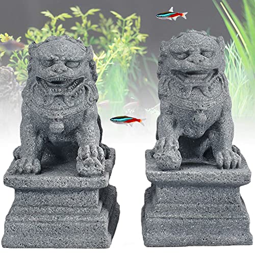 livelyfish Asian Fu Foo Dogs Statues A Pair of Two Guardian Lion Sandstone Figurine Pets Fish Tank Aquarium Landscape Ornaments Garden Feng Shui Decorations, M - size: Medium