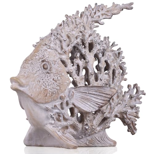 9.84'' Ocean Coral Fish Sculpture - Resin Coastal Fish Figurine with Coral Backdrop, Ocean Blue & Sandy Beige Finish - Nautical Tabletop Accent for Living Room, Beach House & Bathroom Decor - color: Antique White, size: Large