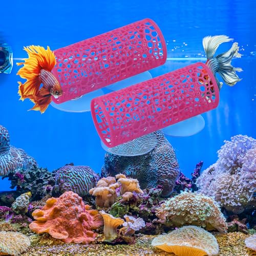 Honeydak 2 Pcs Betta Fish Tank Accessories Betta Tunnel Fish Toys Safe Hollow Hammock Cave Aquarium Decor with Suction Cups for Small Shrimp Reptile Guppies(Pink,Hideout Tube) - color: Pink
