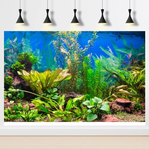 Aquarium Background Various Underwater Grass Plants Fish Tank Background Vivid Fresh Green Aquatic Plants Stone River Bed Dead Wood Purple Stone Terrarium Wallpaper 36x18in - color: Seagrass Green, size: 36(W)x18(H)inches/ 90(W)*45cm(H)