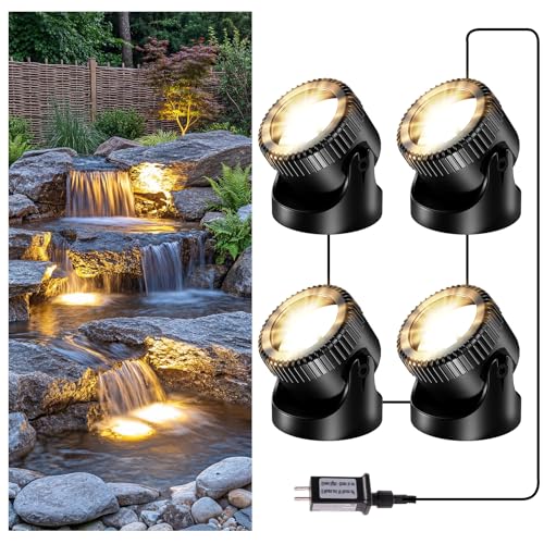 POPOSOAP Pond Lights 4-in-1 Warm White, Underwater Pond Lights with Timer/ IP68 Waterproof Submersible LED Fountain Lights for for Pond Waterfall Fountain Aquarium Garden Patio Pool(Set of 4)-P64H - size: 4 Warm White Lights- Corded Electric