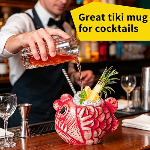 Tiki Mug Glasses Fish Cocktail Cup 1pcs 22oz/650ml Creative Red Tiki Mugs Bar Large Ceramic Hawaiian Themed Tropical Barware for Party Barware