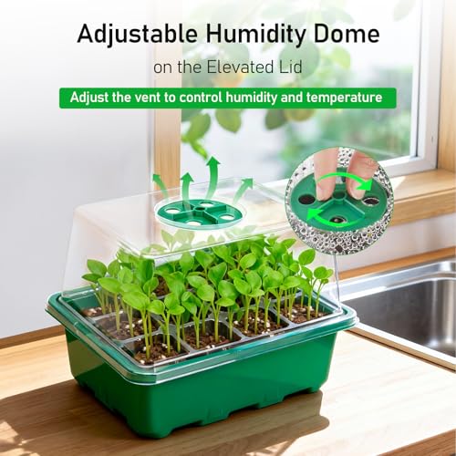 MIXC Seed Starter Tray with Elevated Lid, 120 Cells Seed Starter Kit with Adjustable Humidity Dome, Drainage Hole, Clear Heightened Lids for Indoor Outdoor Greenhouse Gardens, 10 Pack, Green - color: Green, size: 12 Cell-10 Packs Elevated Cover