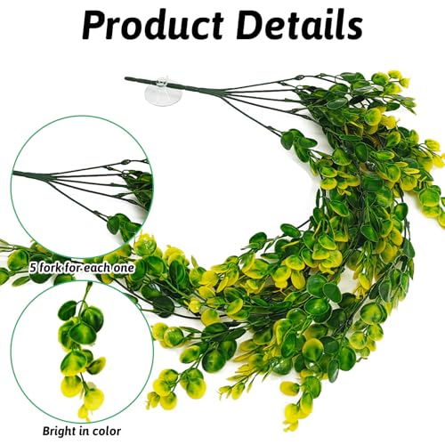 Hamiledyi Reptile Plants Hanging Terrarium Plants Artificial Leaves Habitat Decorations with Suction Cup Green and Yellow Fake Amphibian Plants for Bearded Dragon Lizard Geckos Chameleon（2 Pack）