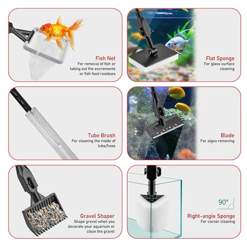 6-in-1 Aquarium Cleaning Tool Aquarium Algae Scraper for Fish Tank Including Fish Brush Sand Rake Pad Sponge Telescopic Handle Multi-Usage Aquariums Glass Cleaner Set for Slatwater Freshwater