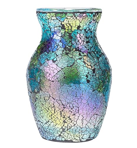 8" Iridescent Crackle Glass Vase, Handmade Deep Teal Green & Violet Mosaic Flower Vase, Dynamic Light-Reactive Art Centerpiece for Home Decor - color: Iridescent Green