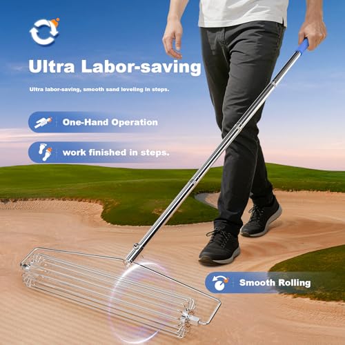Golf Sand Leveling Rake, Bunker Rake for High Jump Long Jump Track and Field Sandy Golf Course, Roller Design Golf Sand Trap Bunker Simulator