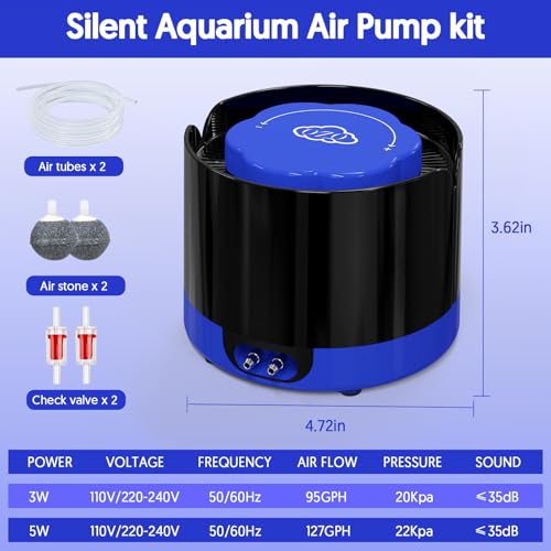 QZQ Aquarium Air Pump, Quiet Fish Tank Air Pump with Dual Outlets, 3W/5W Powerful Adjustable Oxygen Pump with Accessories, Aquarium Bubbler Aerator for Fish Tank Up to 120 Gallon (5W) - style: 5W(127GPH)