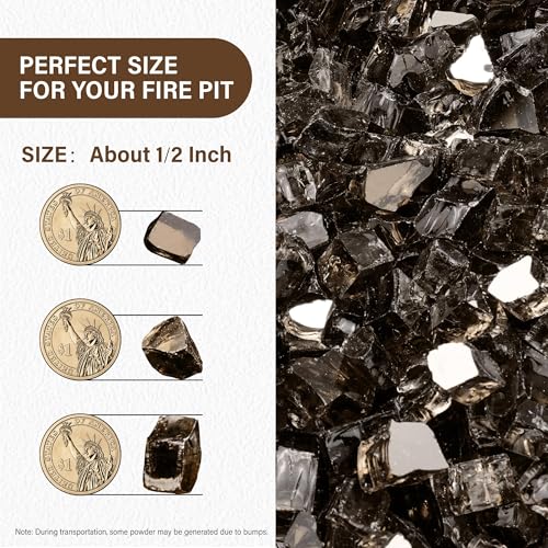 NUPICK 10 Pound Fire Glass, 1/2 Inch Reflective Fire Pit Glass, Tempered Firepit Glass Rock for Propane or Natural Gas, Glass Rocks for Fire Pit Table, Fireplace Glass for Landscaping, Bronze - color: Bronze, size: 10 Pound (1/2")