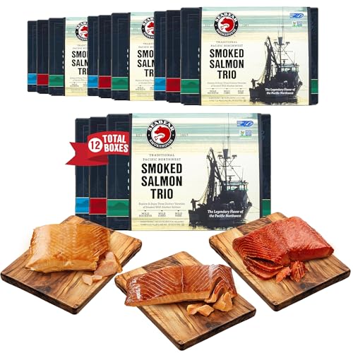 SeaBear Smoked Salmon Trio 18oz (Pack of 4) Fillets Gift Box – Wild Alaska Sockeye, Wild Pink & Coho Fillets, Shelf Stable, Ready to Eat, 18 Ounce (3 x 6 Ounce) Pack of 4, Filets - size: 18 Ounce (Pack of 4)
