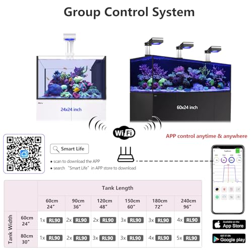 RL90 Aquarium Light LED Fish Tank Lights for 60CM 24 inch Saltwater SPS/LPS Growth Coral Light Reef Tank Saltwater Fish Aquarium (RL90 WiFi Light with Hanging Way)