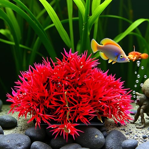 Red Artificial Flowers, Fake Flowers, Artificial Pine with Base Grass Fish Tank Ornament Aquatic Plant Landscape Decor, Aquarium Décor Plastic Plants